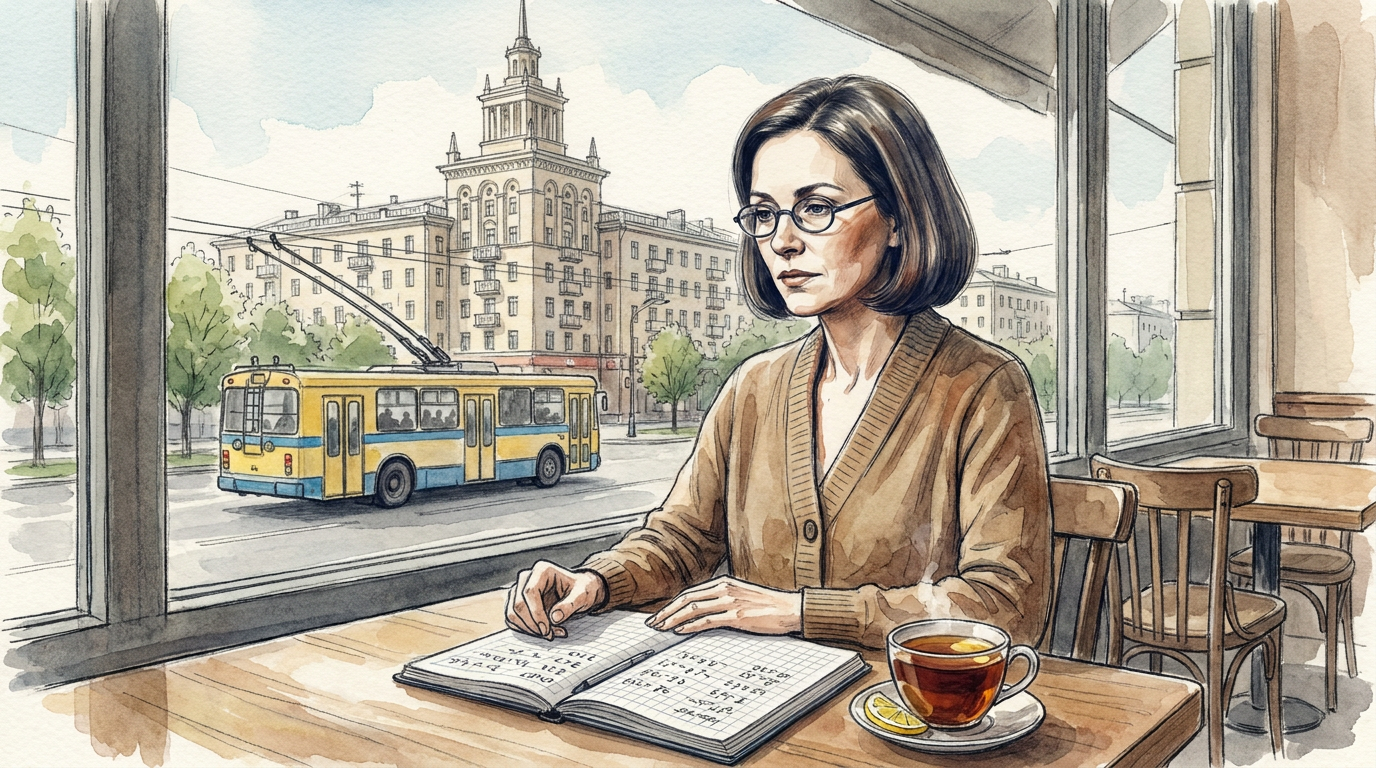 Марина за столиком в кафе утром, тетрадь с записями, чашка чая с лимоном, за окном улица Бажова в Екатеринбурге, рассветный свет, портрет деда на стене видно отражением