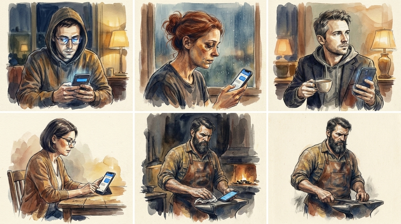 Пятеро — каждый со смартфоном, смотрит свой Telegram-канал; разные города, разные ниши, одна пятница вечером
