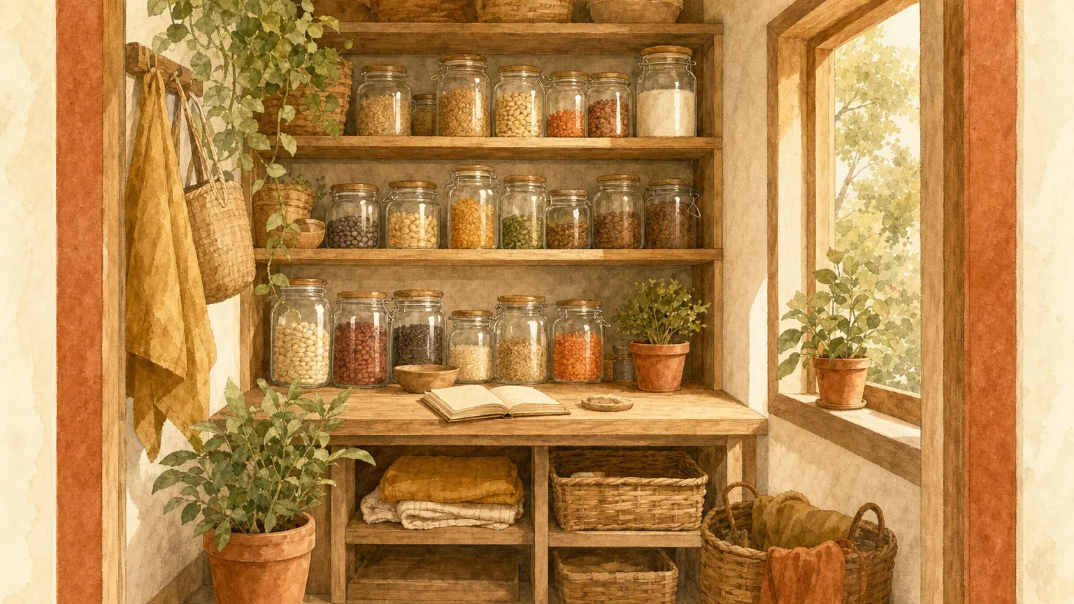 Уютная кладовка с аккуратными полками и подписанными банками: каждая полка — отдельная таблица, каждая банка — одна запись