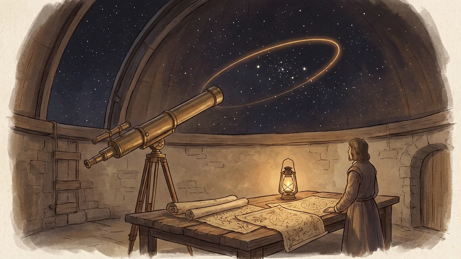 Обсерватория XVII века ночью: латунный телескоп, эллиптическая орбита планеты, начерченная светящейся кривой, старые звёздные карты