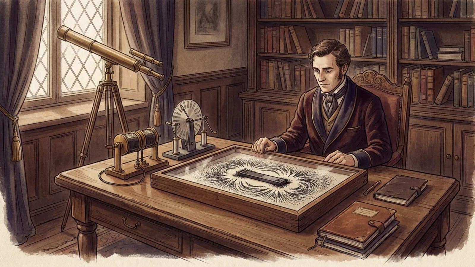 Викторианский физический кабинет 1860-х: железные опилки, выстроенные в линии поля вокруг магнита, латунные катушки