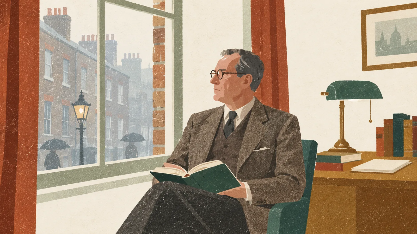 Лондон, осень 1955: Джон Боулби сидит у окна Тэвистокской клиники с книгой по этологии на коленях, через окно — туман и кирпичные стены