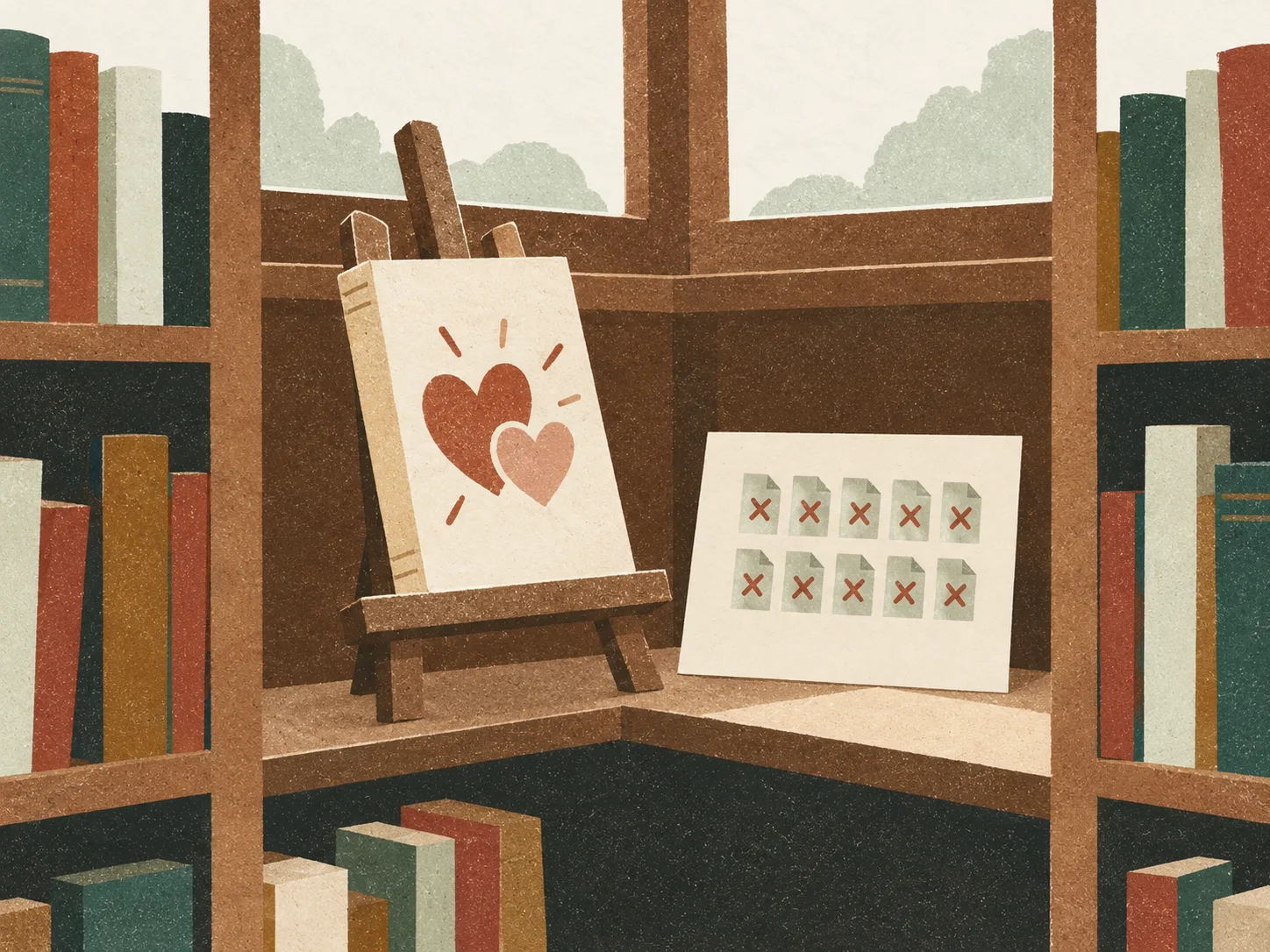 Книжный магазин: стеллаж с книгой о языках любви и листом с результатами проверок