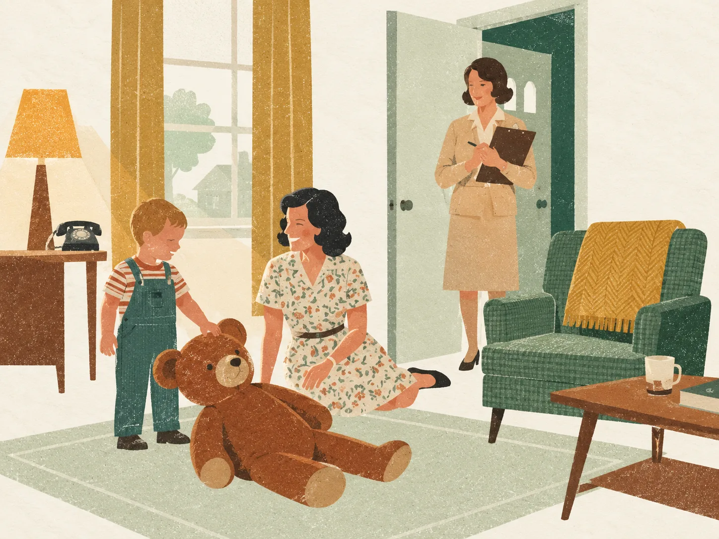 Балтиморская гостиная 1963: ребёнок, мать и наблюдатель в дверном проёме, тёплый свет лампы