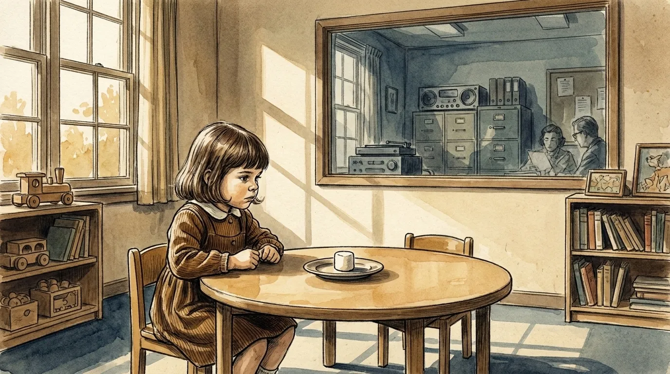 1968, Stanford Bing Nursery School. Четырёхлетняя девочка в вельветовом платьице смотрит на единственный зефир на тарелке, через одностороннее зеркало за ней наблюдает исследователь