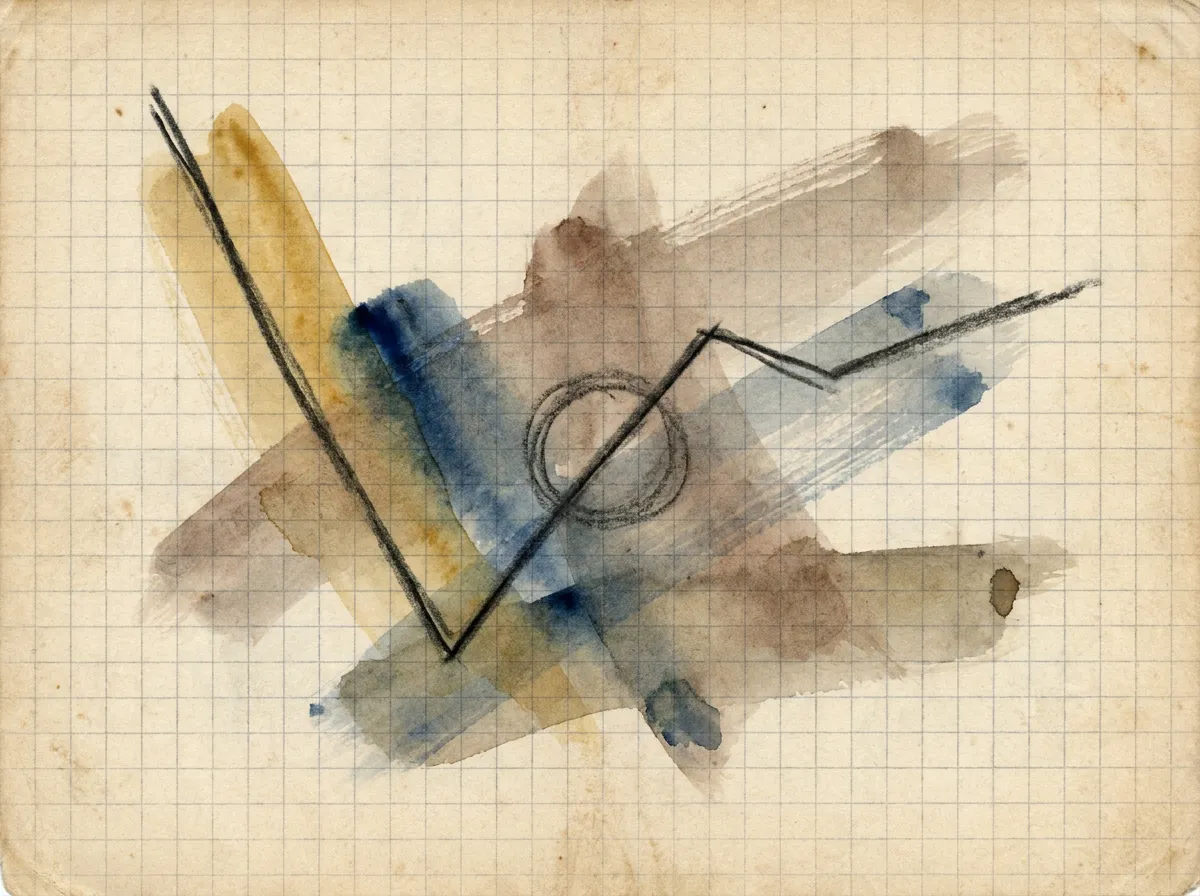 Асимметричная value function из Prospect Theory: ось X — выигрыши и потери от reference point, ось Y — субъективная ценность. Кривая круче в зоне потерь, чем в зоне выигрышей. Акварель, охра, сепия