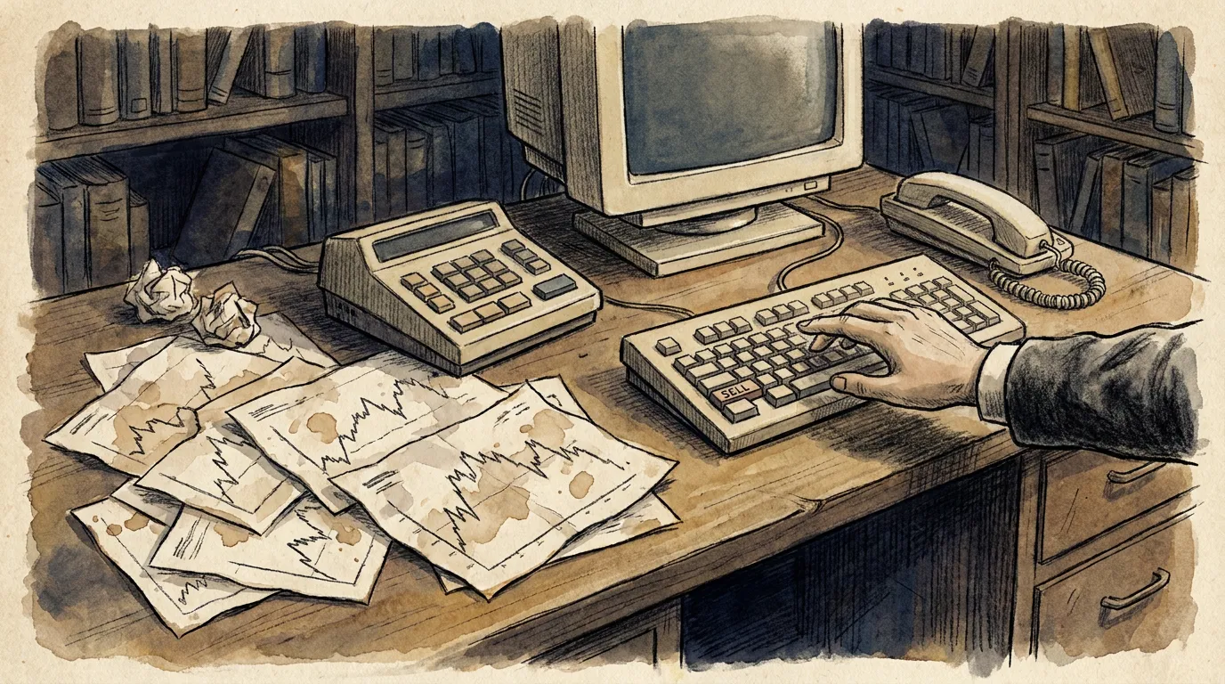 1990-е, торговый терминал. Рука инвестора зависла над кнопкой 'продать', вокруг разбросаны бумажные графики. Disposition effect в реальной жизни.