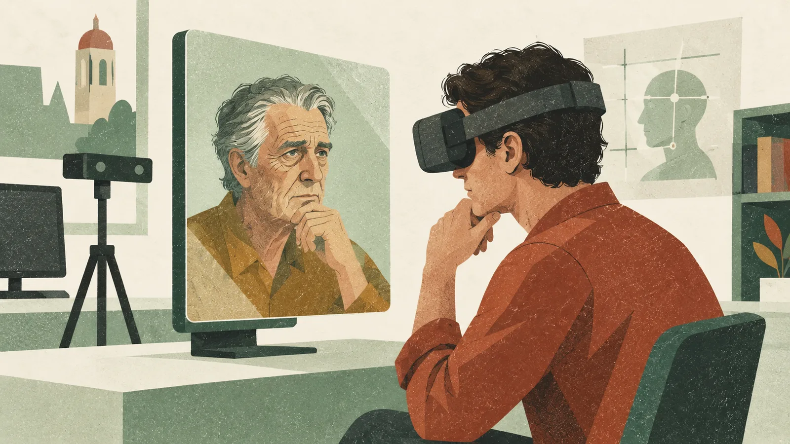 2009, Stanford Virtual Human Interaction Lab. Молодой человек в VR-шлеме смотрит в виртуальное зеркало, в котором отражается его состарившееся лицо — те же черты, больше морщин, седые виски. Момент узнавания и лёгкой меланхолии.