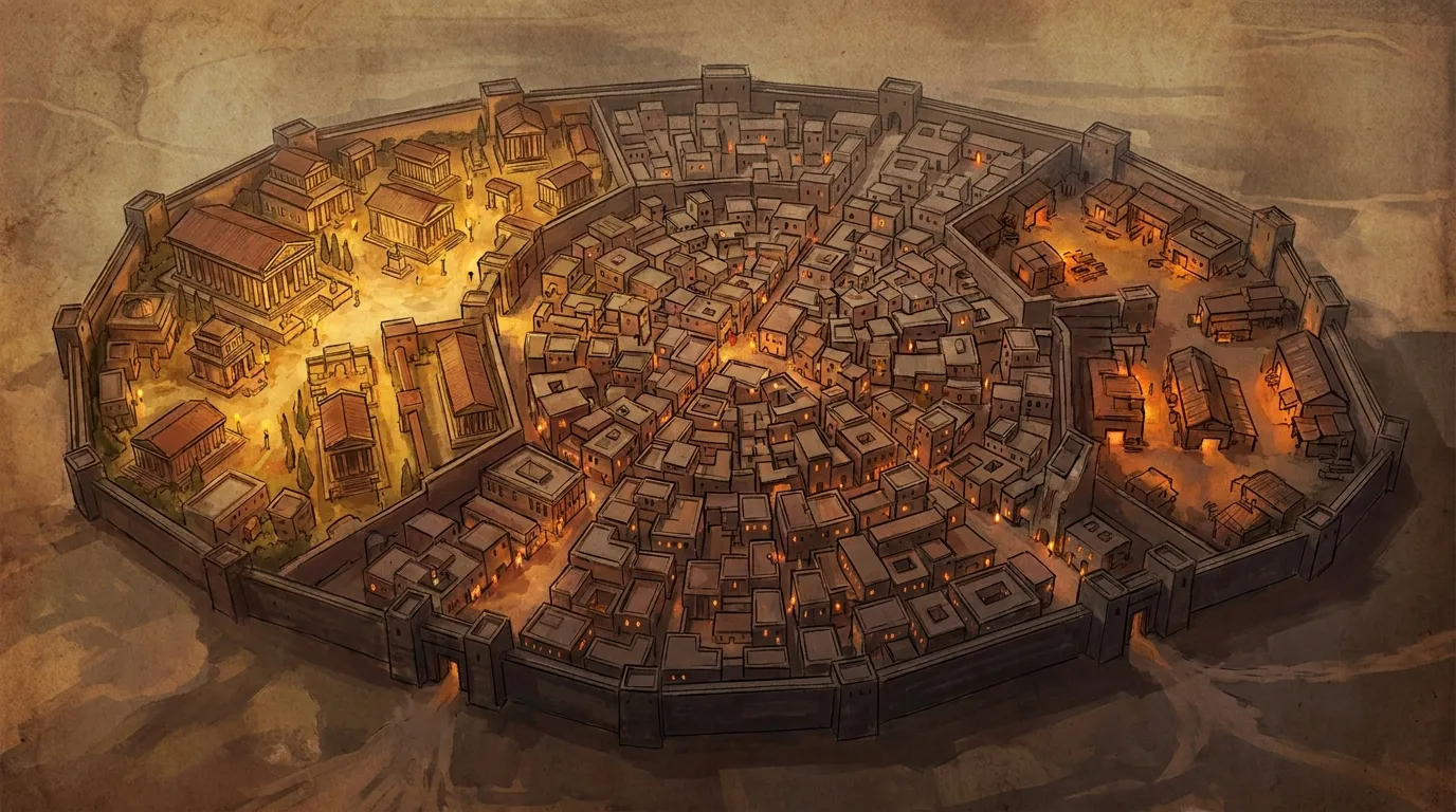 Вид с птичьего полёта на ночной город — разные кварталы последовательно загораются огнями, каждый своим особым светом