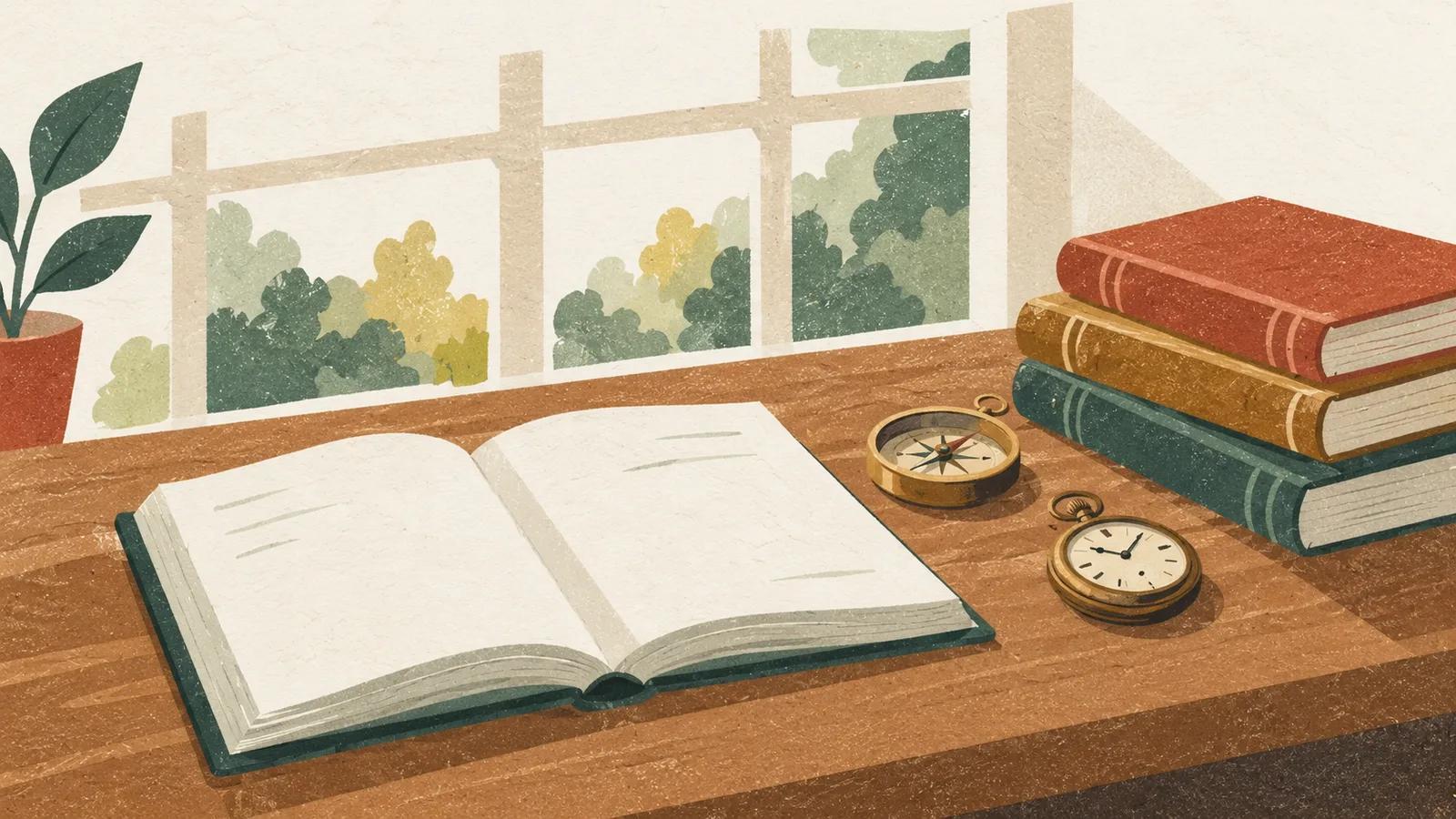 Открытая тетрадь на деревянном столе, рядом стопка книг — метафора итогового чек-листа, не приговора