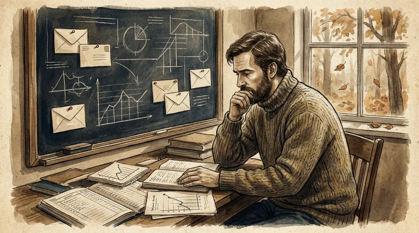 Корнелл, осень 1980. Молодой Ричард Талер за столом, заваленным таблицами расходов, на доске за ним — конверты, символизирующие ментальные счета