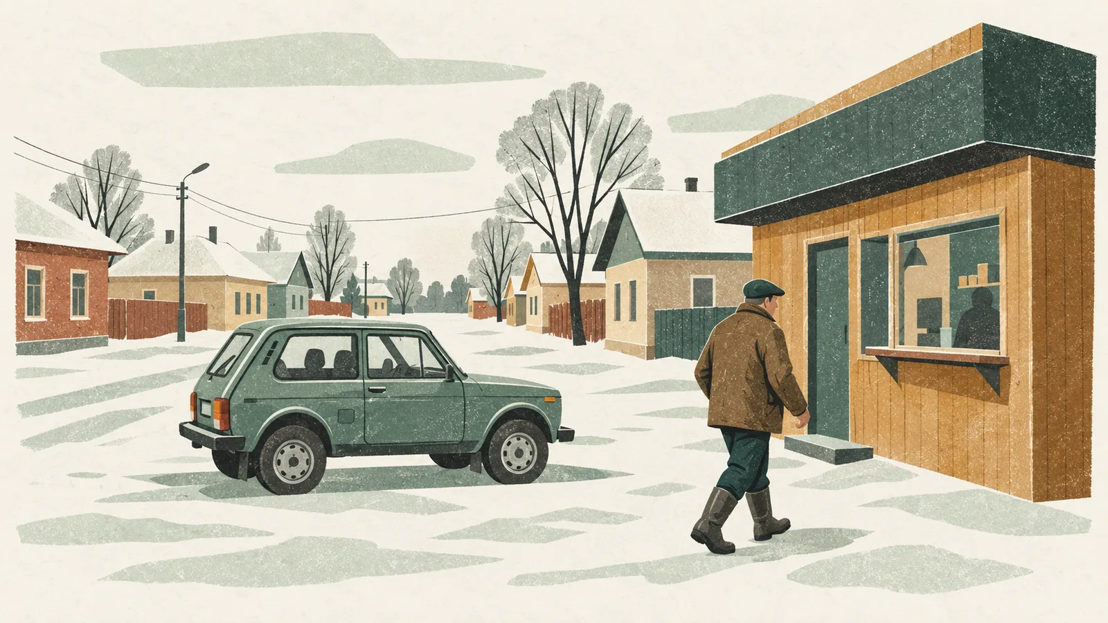 Россия, провинциальный городок. Утренняя сцена: владелец малого бизнеса идёт к своему скромному цеху в восемь утра, старый но добротный автомобиль на парковке