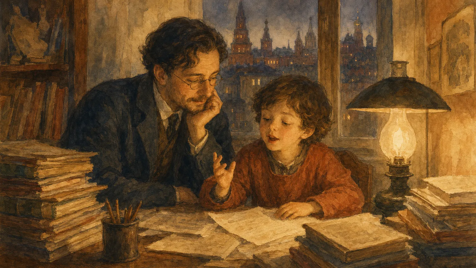 Тёмная московская квартира 1934 года, стол с рукописями и чернильницей, тусклая лампа, пустой стул у окна с видом на заснеженный двор, ощущение торопливой работы и присутствия отсутствующего человека